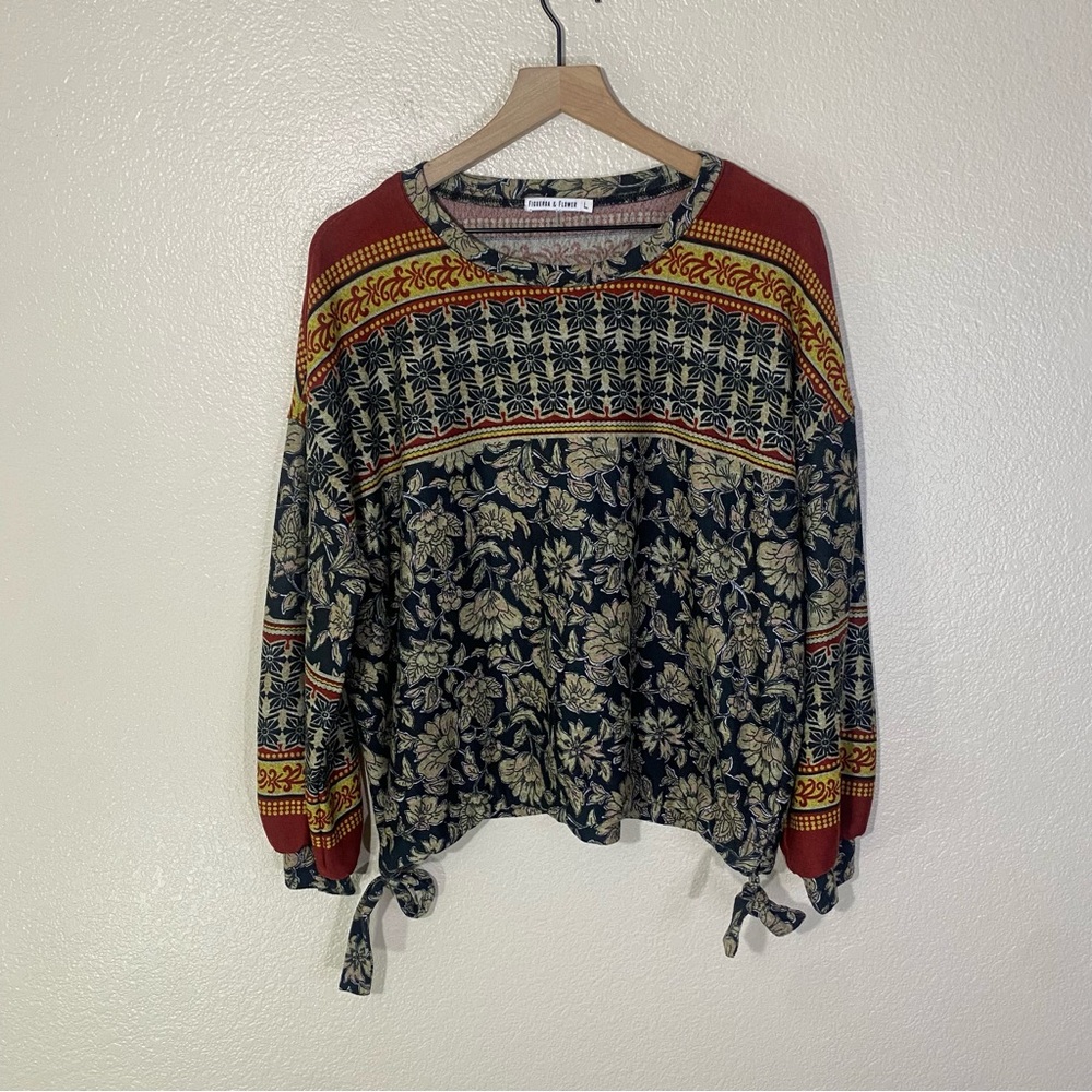 Anthropologie Fig and Flower Size L Floral Colorful Tie Side Boho Blouse Sz L